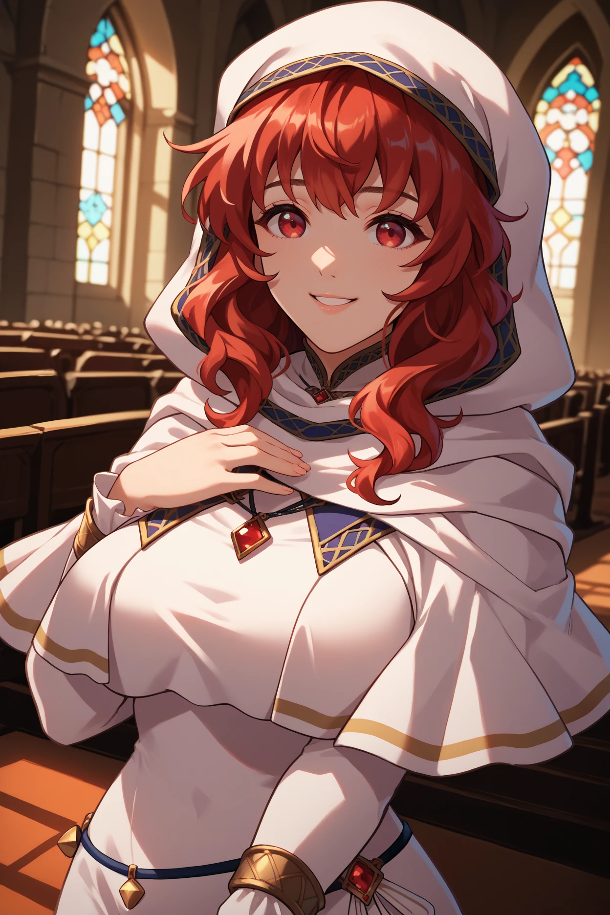 score_9, score_8_up, score_7_up, score_6_up, source_anime, 1girl, solo,  <lora:felena-pdxl-nvwls-v1-000004:1> feLena, red hair, long hair, red eyes, hood up, white robes, white capelet, long sleeves, pendant, long dress, upper body, big breasts, looking at you, smile, indoors, church, hand to own chest