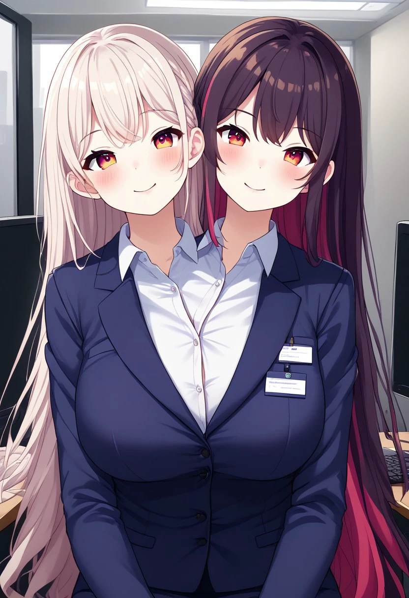 8K, HD, colorful, easynegative, half body, close shot, upper body, conjoined, Japan anime, two heads, BREAK female, random color hair, random (((short hair, very long hair, very long straight hair, wave hair, thick hair, furry hair))), ((2 different hairstyles)), add random hair accessories, ((2 tones color of hairstyles)), (((2 tones color hair))), ((human)), anime, BREAK female, Office Lady uniform, lady, girl, office background, sitting on the chair,  lighting