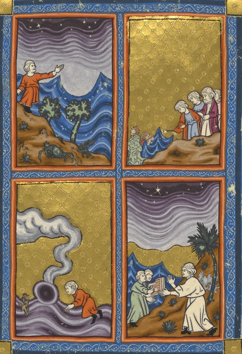 An illuminated manuscript page divided into four equal panels, each telling a different story from the Jewish Haggadah. In the first panel, the Creation of the World is depicted with swirling celestial bodies, golden stars, and the forming of the earth, with animals and plants blooming from the ground. Above, Godâs hand reaches down from the heavens, surrounded by radiant beams of light. In the second panel, The Exodus from Egypt is shown, with Moses leading the Israelites through the parted Red Sea, the waters rising dramatically on either side, while chariots and soldiers are swallowed by the waves in the distance. In the third panel, the Giving of the Ten Commandments on Mount Sinai is illustrated. Moses stands at the top of the mountain, receiving the stone tablets, as thunderclouds swirl and lightning strikes in the sky above. The people below look up in awe, framed by intricate border patterns of vines and flowers. The fourth panel shows the Crossing of the Jordan River, with the Israelites carrying the Ark of the Covenant across the river, while the waters part in a similar divine manner as the Red Sea. Each panel is richly detailed, filled with symbolic flora and fauna around the edges, and highlighted with gold leaf accents, golden haggadah style