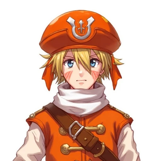 The image is a digital anime-style drawing featuring a young person with short, depicting a young, orange helmet with a white emblem on top, anime-style art. The character is a young man with short, high-waisted, peaked pirate hat adorned with a golden emblem on the front. His outfit includes a white, This is a digital drawing of a fantasy character, fierce expression. He is dressed in a pirate outfit consisting of a bright orange