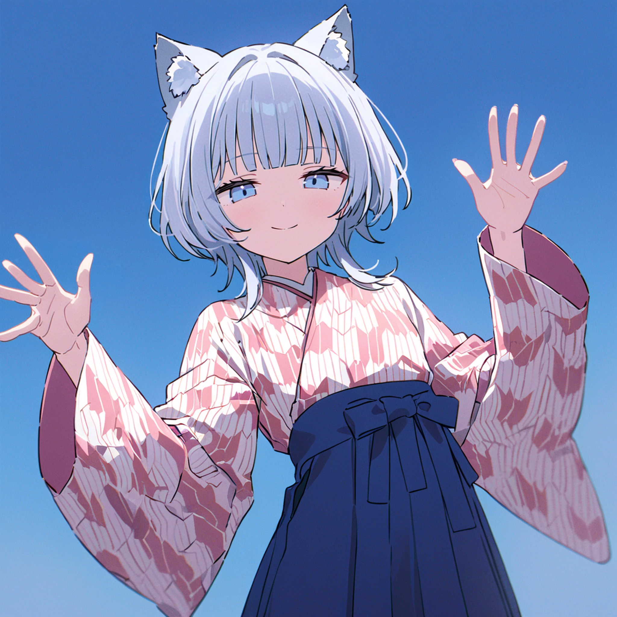 score_9, score_8_up, score_7_up, score_6_up, source_anime, best quality, hires, film grain, cinematic lighting, ([blue|violet]:1.2)
1girl, solo, standing, white hair, wolf cut, white cat ears, blunt bangs, sidelocks, blue eyes, jitome, blue hakama, (pink furisode:1.2), (yagasuri:1.2), brown boots, blue sky, (simple light blue background:1.1), smile, waving, looking at viewer, 
<lora:hakama:1>, <lora:Wolf_Cut:0.7>