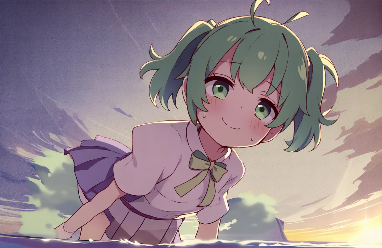 Rem dressed up as Yotsuba Nakano, , short blue hair, sparkling blue eyes, sweet face, tender, lovely, 4k, perfect quality, excellent fusion, excellent character design, green ribbon, sleeveless yellow sweater, collared white short sleeved shirt, green bow tie, green pleated skirt, bright colors, pastel coloured image, vivid colours, light colours, simple background, magic hill background, splendid nature, natural light, daylight, full body, full shot, dinamic pose, extremely detailed, clean lineart, neat, blushing, vute face, sweet, 