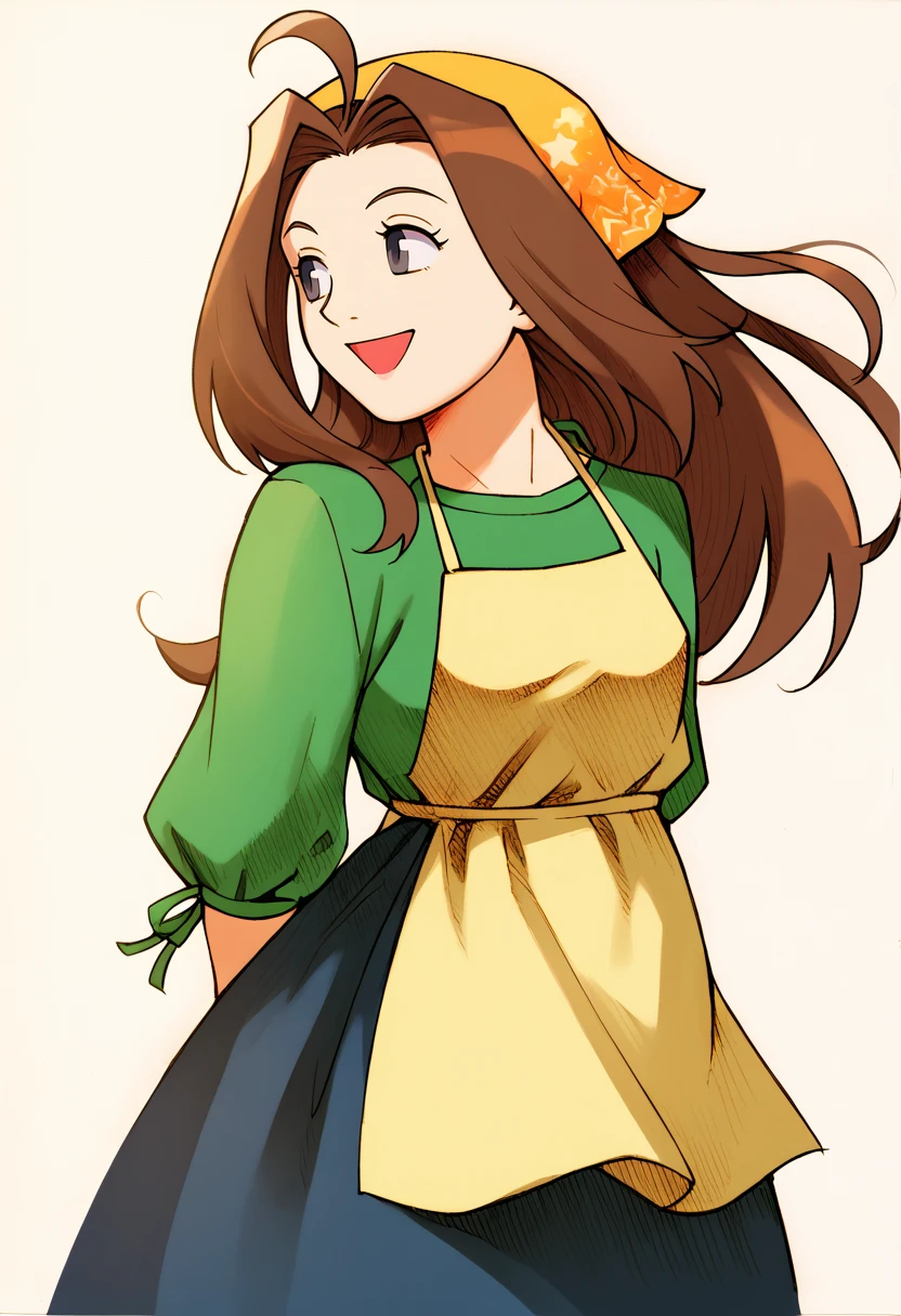 score_9, score_7_up, BREAK, solo, 1girl, smile, <lora:MVC2_GLoRA-pdxl_Fp:1>, simple background, <lora:Celia-pdxl_Fp:1>, celiahm, brown hair, grey eyes, ahoge, long hair, bandana, green shirt, apron, skirt, arms behind back,