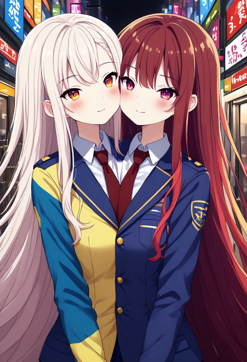 8K, HD, colorful, easynegative, half body, close shot, upper body, conjoined, Japan anime, two heads, BREAK female, random color hair, random ((short hair, very long hair, very long straight hair, wave hair, thick hair, furry hair)), ((2 different hairstyles)), ((2 tones color of hairstyles)), (((2 tones color hair))), ((human)), anime, BREAK female, rival team color, (((2 conjoined girls from 2 different countries))), (((((2 tone color outfit, contrasting left and right outfit, asymmetrical design with varying styles on left and right, dual-style outfit, separate outfit design for left and right sides, ))))), Japanese School uniform, lady, girl, Outdoor hills background, lighting