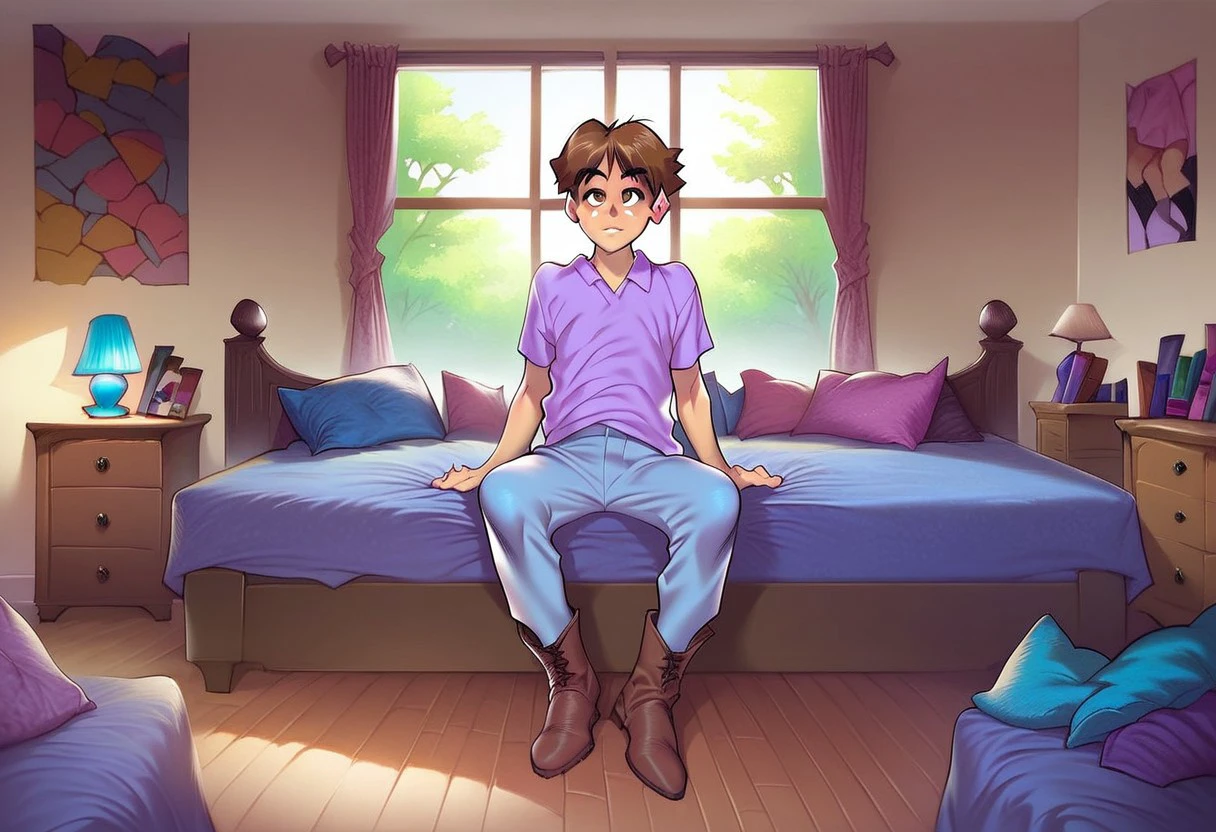 score_9, score_8_up, score_7_up,  detailed, detailed eyes,
made by melkor mancin, rizdraws, 
brown hair, brown eyes, 
nerd, 1 boy, solo, 
sitting on bed, 
in bedroom, 
looking at viewer , long pants, boots, shirt,