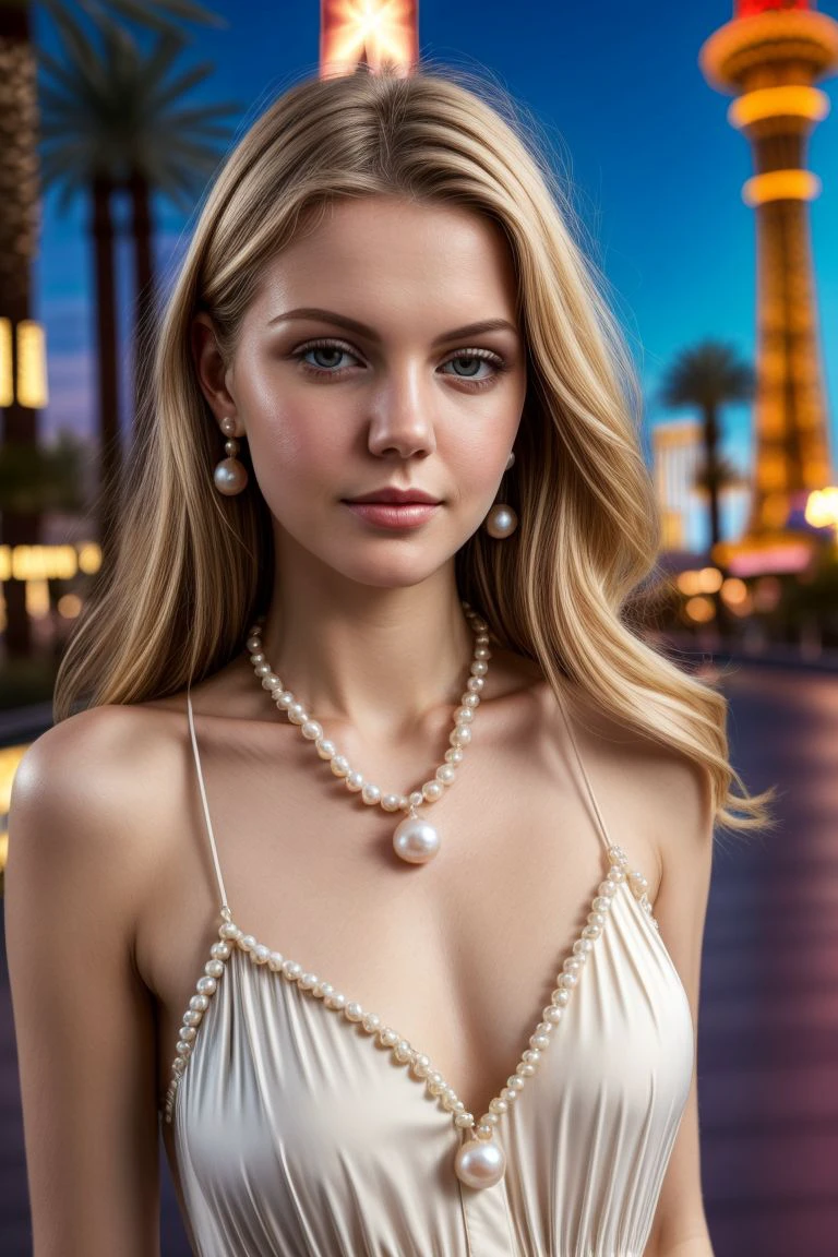 European woman, closeup, (shirt), pants, (las vegas strip), pearl necklace , (), ZM_lena, wide shoulders, perfect face, (contact iris: 1.1), pale skin, skin pores , depth of field