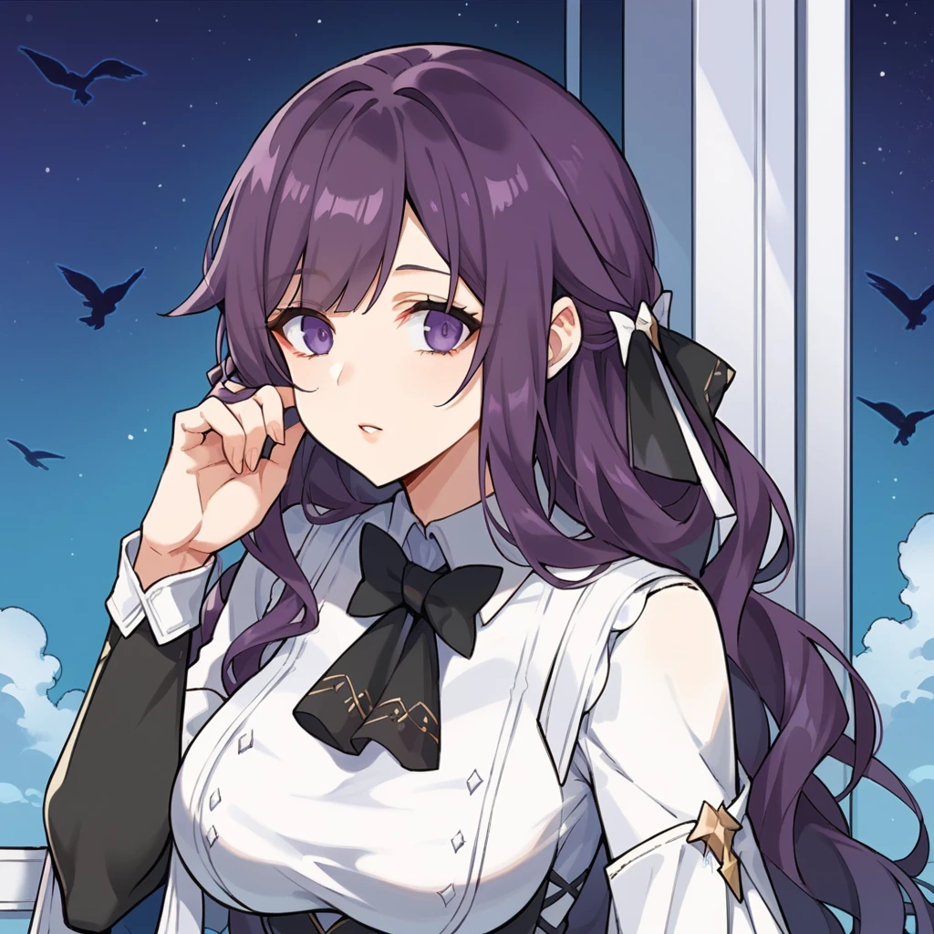 score_9_up, score_8_up, score_7_up, source_anime, masterpiece, best quality, 1girl, solo, KafkaHi3, moon light, starry sky, night sky, standing, looking at you, hand in hair, parted lips, upper body, face focus, purple eyes, purple hair, long hair, hair ornament, white dress, black dress, collared dress, white shirt, collared shirt, black corset, frilled skirt, white skirt, black skirt, frilled necktie, black necktie, black bowtie, black arm warmers, white pantyhose, pleated sleeves, two-tone sleeves, white sleeves, black sleeves, ribbon, mature body, dynamic cowboy shot, outdoors, sky clouds background