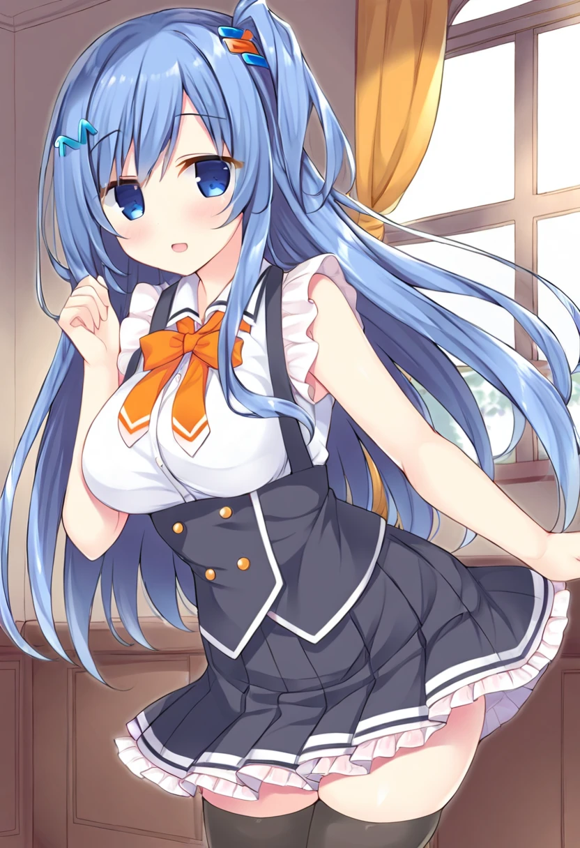 emori miku, blue eyes, blue hair, hair between eyes, blue hairclip, one side up, long hair, medium breasts, :d, white shirt, frills, bare shoulders, sleeveless, orange bow, frilled skirt, pleated skirt, black skirt, thighhighs, indoors, <lora:Character_Emori Miku:0.8>