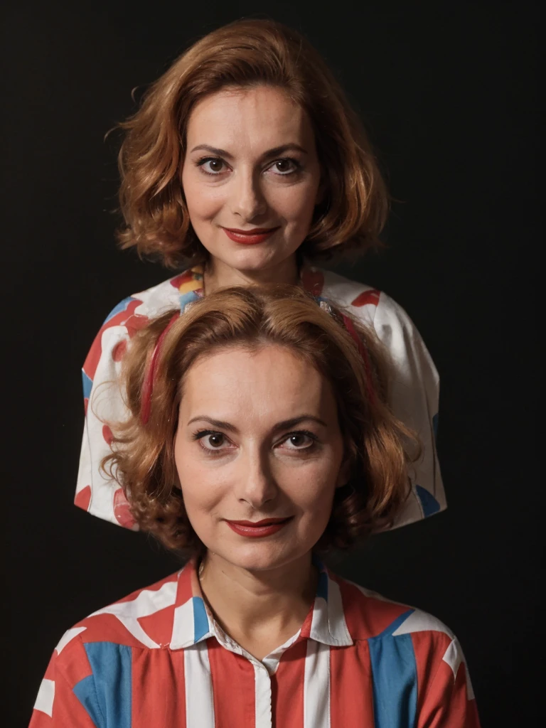 a professional absurdres sharp focus intricately detailed photograph of (Rossella_Falk:1.1), with a slight grin and a messy loose hairstyle, 
dressed as a terrifying clown,
 <lora:Rossella_Falk-SDe13:0.8>,