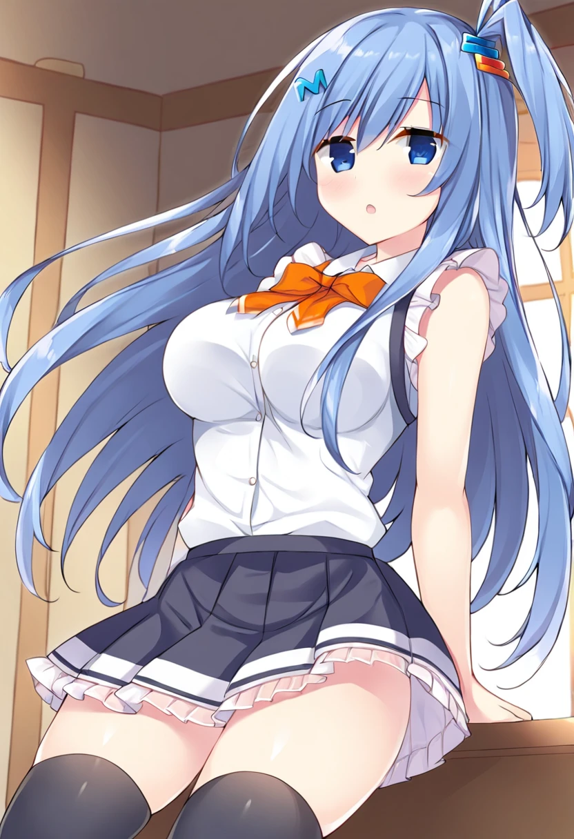 emori miku, blue eyes, blue hair, hair between eyes, blue hairclip, one side up, long hair, medium breasts, :d, white shirt, frills, bare shoulders, sleeveless, orange bow, frilled skirt, pleated skirt, black skirt, thighhighs, indoors, <lora:Character_Emori Miku:0.8>