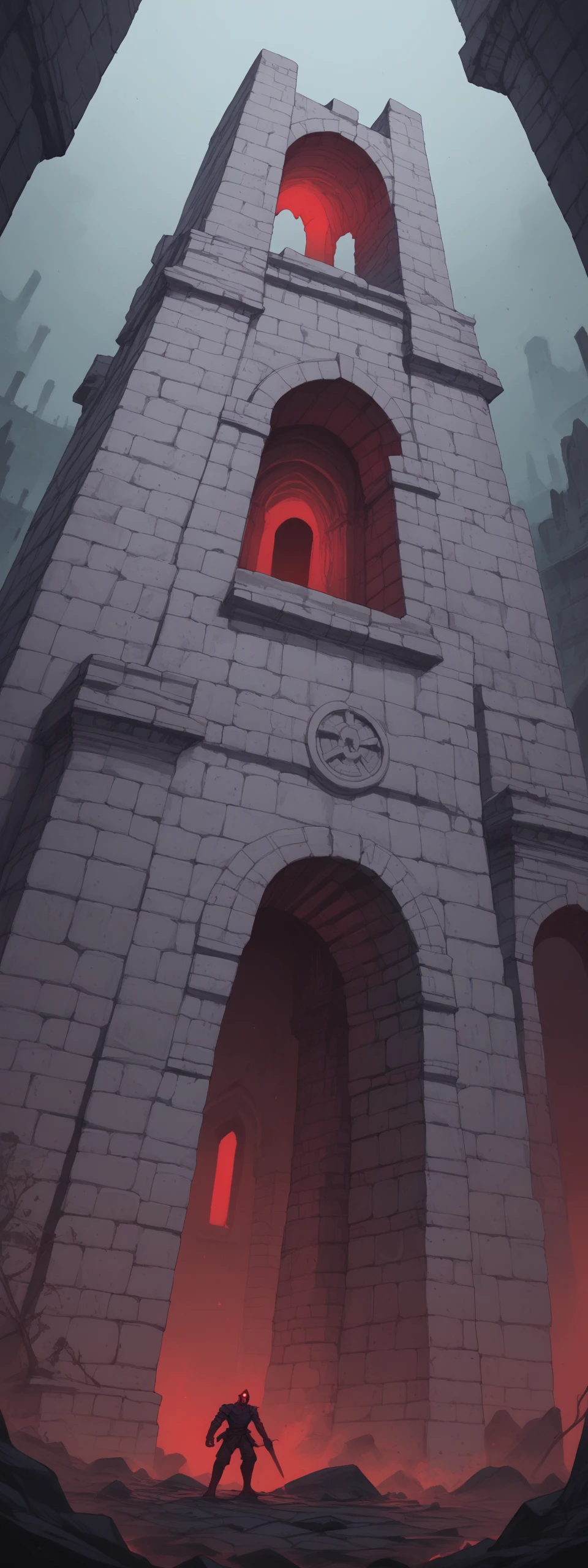 score_7_up, score_6_up, very low angle, gigantic mysterious lost structure ruins, the structure is a stone sculpted arch, there is dazzling red light glowing from it, foggy sand texture, creepy atmosphere, red color dominant, scene take place in the night, <lora:LOREVER-style_ponyXL:1.0>