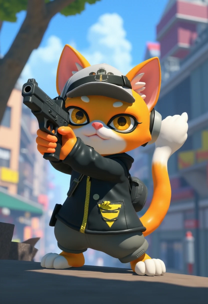 splatoonstyle, a cat aiming a pistol at the viewer
 <lora:Splatoon_Style_F1D-000015:0.7>