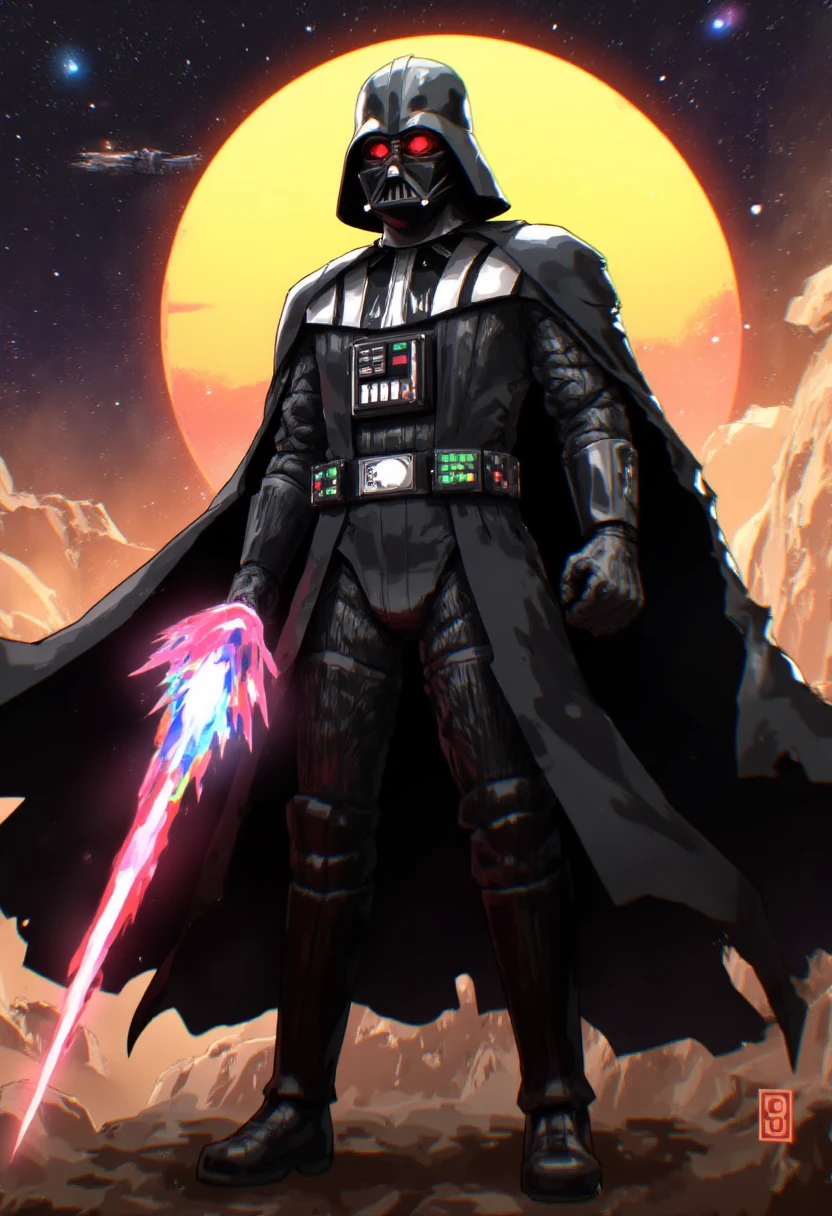 Vibrant digital drawing of Darth Vader in an intense, dramatic pose, dominating a dark galaxy landscape with his ominous presence. The Sith Lord's black armor glistens under a fiery orange-yellow glow, as if the setting sun casts its final rays on the Imperial fleet. His iconic helmet glows with an eerie red light, while the Star Wars logo and '9315' are subtly integrated into the composition.,tkht 9315,The image is a digital drawing,in a vibrant, dynamic anime style.