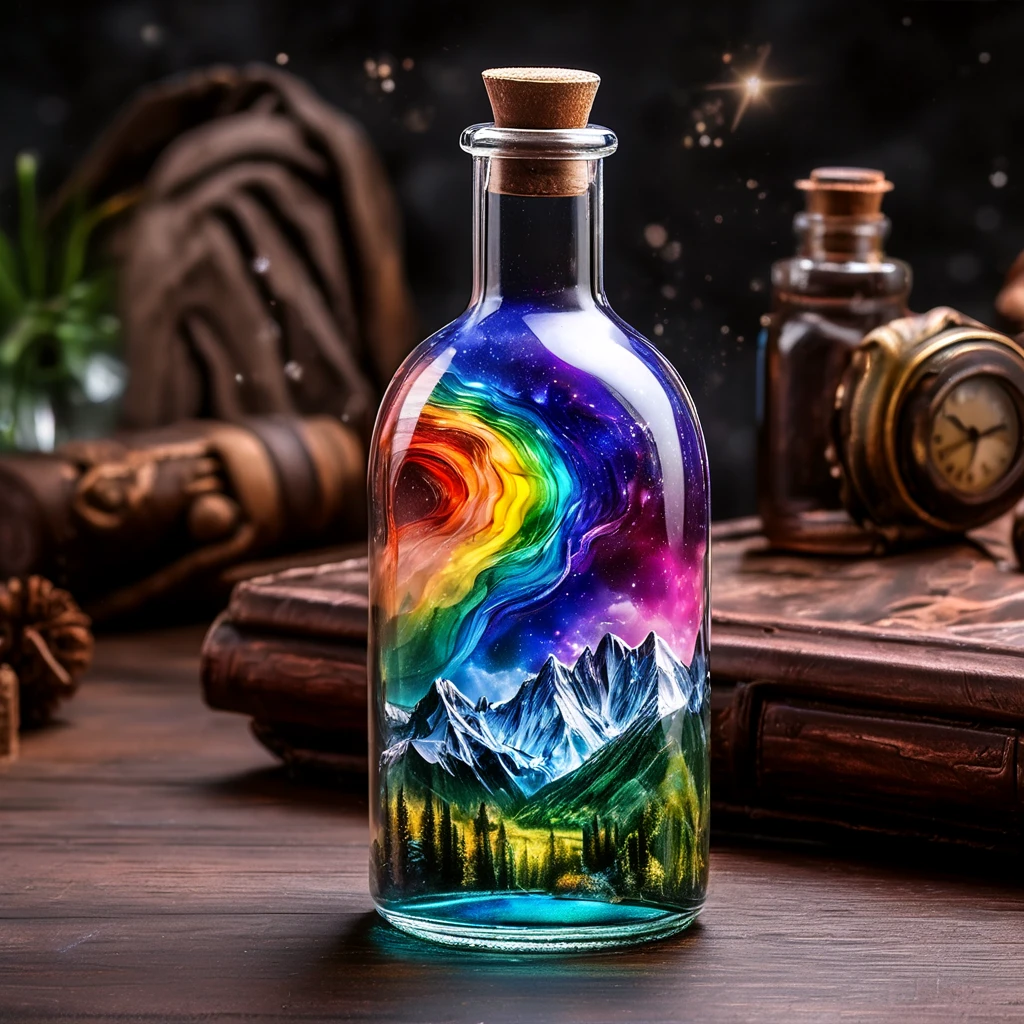 beautiful scenery nature glass bottle landscape, rainbow galaxy bottle