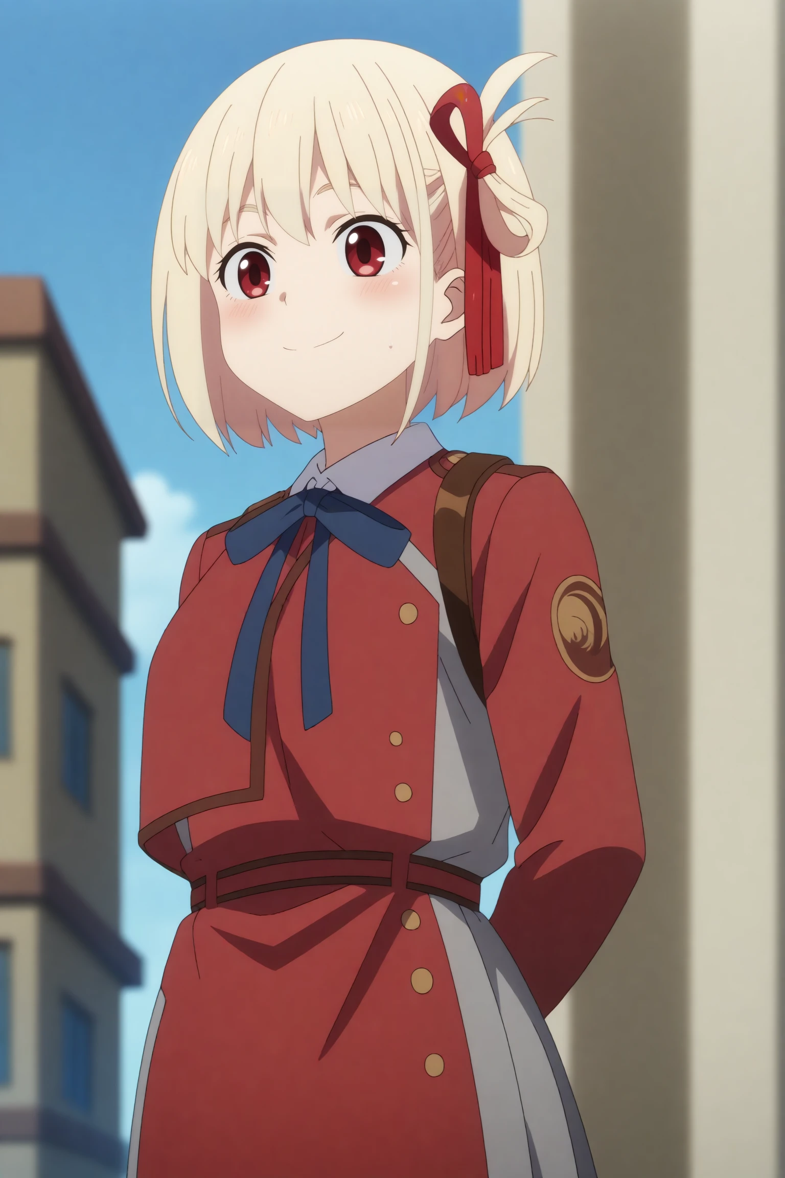 1girl,solo,chisato nishikigi,<lora:Chisato_Nishikigi_-_Lycoris_Recoil.safetensors:0.8> , lycoris uniform,short hair,ribbon,bangs,red ribbon,skirt,outdoors,blue sky,buildings,hands behind the back,smile,closed mouth,blush,cowboy shot