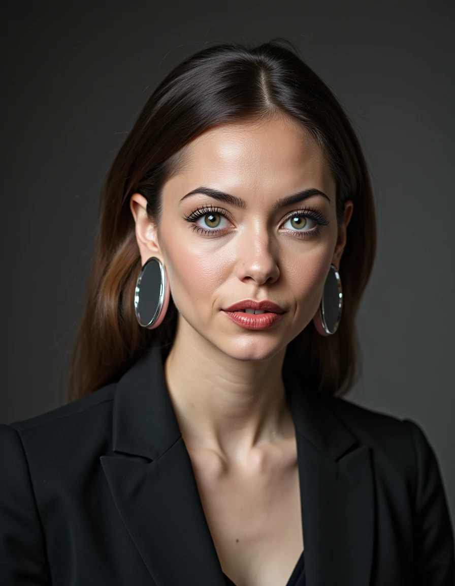 portrait photo of a  young woman's head looking forward with a  Ear Plug , working as a sophisticated lawyer,  with her extremely large Ear Plug  completely  disturbing the  civilised appearance.<lora:BigStretchedEarPlug:1>