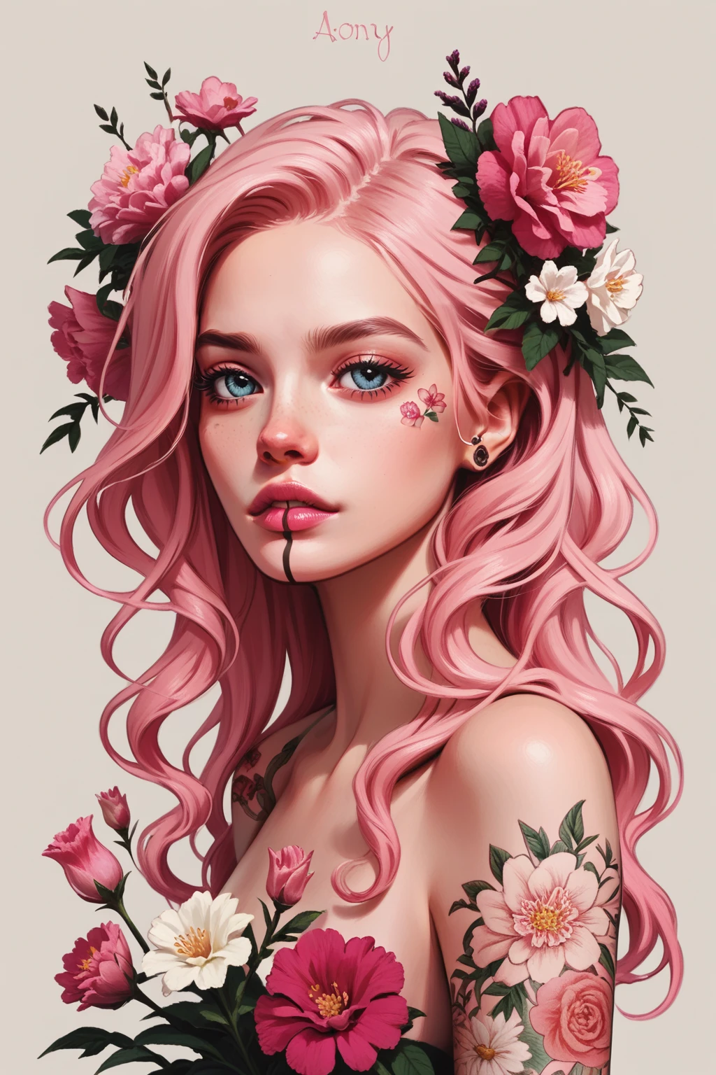 score_9, score_8_up, score_7_up,girl, pink wavy hair, flowers, peony, laura style, simple background, black, white, tattoo, lip tattoo <lora:Laura_style_2.0:0.8>