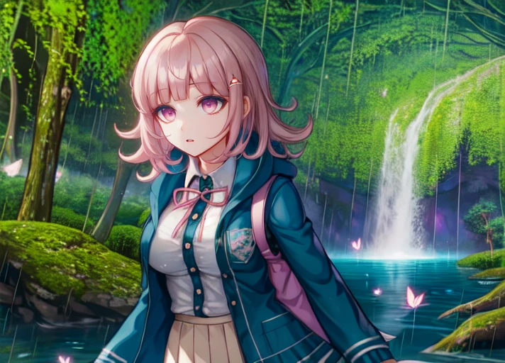 solo  , <lora:goodhands:0.7>, <lora:Chiaki_Nanami_SD15:1>, danganronpa sprite style , Chiaki Nanami, Danganronpa 2 uniform, white button-up shirt, dark teal-gray front placket, light pink ribbon, bow, pale beige pleated skirt, dark teal-gray hooded cardigan, gray horizontal lines, Hope's Peak crest, short dusty pink hair, curls outwards, parted to the right, white Galaga hairclip, large sleepy-looking blossom pink eyes,  medium length hair  , disapproving expression ,  dynamic angle,(fantasy),wide shot,scenery , ((big root)),giant tree,(tent),water,wetland,overgrown ,((dark)), (vines),moss,rock,rain,glowing ,dark purple theme, (overview),vanish point,fairy,butterfly