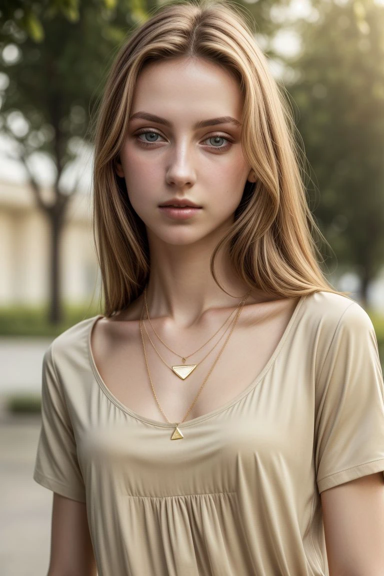 <lora:kawaii7.1.3_obj20:0.75:0.25>, European woman, closeup, (shirt), pants, (crater lake national park), gold necklace , ZM_kelsey, wide shoulders, perfect face, (contact iris: 1.1), pale skin, skin pores , depth of field