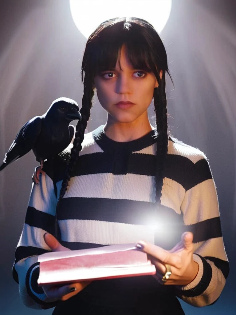 score_9, score_8_up, score_7_up, striped shirt and jacket wednesday, wednesday addams, a woman in a black robe holding a book, 1girl, looking at viewer, long sleeves, jewelry, closed mouth, upper body, ring, black nails, holding book, dark, animal on shoulder, crow, bird on shoulder, volumetric lighting  <lora:wednesday_pony_v1-0_mx:1>