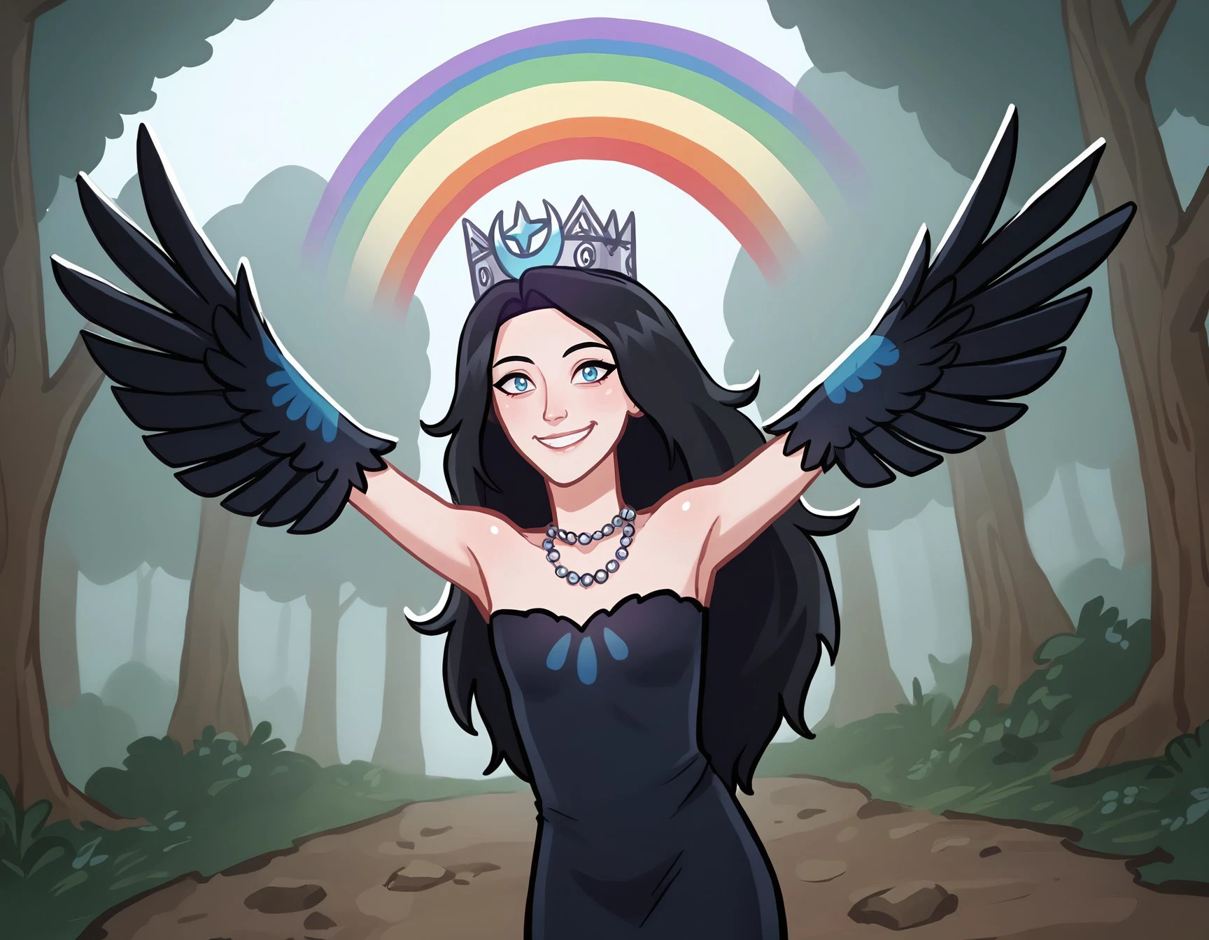 score_9, score_8_up, score_7_up, score_6_up, lilandavastyle BREAK, rainbow, outstretched arms, arms up, 1girl, smile, solo, long hair, blue eyes, black hair, necklace, black dress, strapless dress, crown, monster girl, harpy, winged arms, sirin-dh, forest background <lora:Sirin:0.7> <lora:add-detail-xl:0.3> <lora:Lilandava_PDXL:1> <lora:ImaginationSpongebobMeme_pdxl_Incrs_v1:0.7>