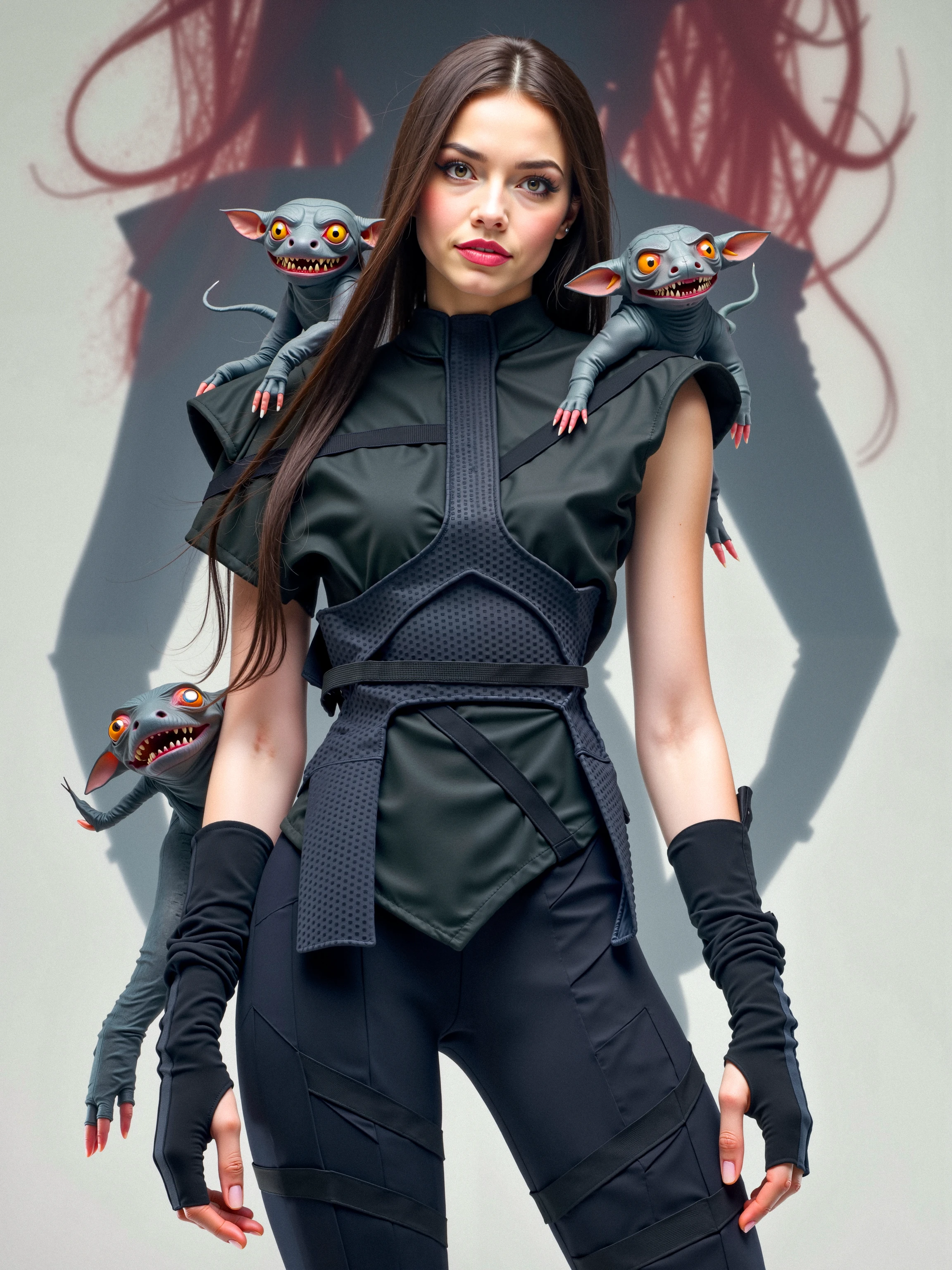 In a surreal, painterly art style, reminiscent of dark fantasy and whimsical surrealism, a striking female character stands confidently, her body adorned with futuristic Demobaza-inspired clothing. The figure's angular features and strong gaze give her an air of quiet authority, while the soft, smooth brushstrokes of the illustration create a mix of elegance and strength. Surrounding her, tiny, bizarre creatures cling to her shoulders and arms, their strange, exaggerated faces adding a fantastical, dream-like quality to the scene.

Outfit: The woman is wearing a sleek, all-black Demobaza ensemble that perfectly contrasts with the surreal elements around her. Her top is structured with asymmetrical cutouts, revealing portions of her smooth, futuristic armor beneath. The high-waisted belt cinches her waist, adding a sharp, tactical look, while slim-fitting pants with geometric lines and angular cuts highlight her graceful yet powerful physique. Fingerless gloves and knee-high boots adorned with horizontal straps complete the look, merging the avant-garde Demobaza design with the fantastical elements of the painting. The outfit gives her a sleek, modern appearance that feels otherworldly in the context of the fantastical creatures around her.

Background: The background is abstract yet immersive, a smooth blend of soft, muted grays and deep reds, creating a striking contrast with her dark, structured outfit. Behind her, a shadowy, ethereal form looms, complementing the surreal mood of the piece. The creatures crawling on her appear almost as part of her, growing from her figure like bizarre extensions of her personality, blending the surrealism with her edgy, fashion-forward look.

Lighting: The lighting is soft and diffused, typical of a painterly art style, with subtle highlights illuminating her features and the textured surfaces of her Demobaza clothing. Gentle shadows add depth to her form, accentuating the contours of her face and the geometric shapes of her outfit. The creatures clinging to her shoulders and arms are also softly lit, their strange, grotesque faces contrasting with her calm, confident expression.

Pose: She stands with an air of quiet defiance, her head tilted slightly upward as she looks down at the viewer with a knowing, almost enigmatic expression. One arm is raised, as if gesturing toward something unseen, while the other hangs by her side, relaxed. The creatures seem to interact with her movements, their exaggerated expressions hinting at mischievous, chaotic personalities.

Mood: The mood is surreal, whimsical, yet sophisticated, blending elements of fantasy with cutting-edge fashion. The combination of the Demobaza outfit and the strange, fantastical creatures creates a unique fusion of modern, avant-garde style with dreamlike, otherworldly elements. The character exudes strength and elegance, embodying a blend of futuristic design and fantasy art, with a touch of mystery and intrigue.