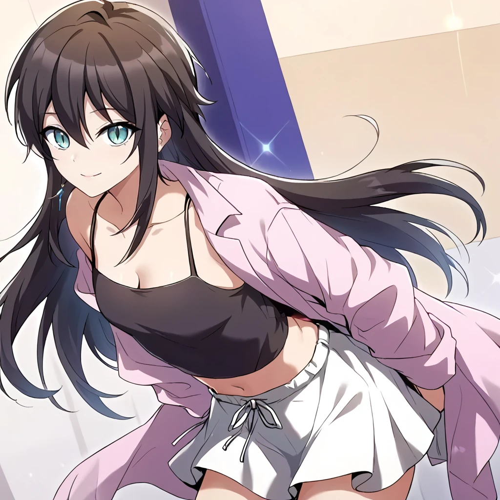 1girl, solo, rurin, long hair, black hair, aqua eyes, slit pupils, hair between eyes, bangs,  collarbone, breasts, cleavage, small breasts, hips, thighs, navel, midriff, black camisole, pink jacket, open jacket, white skirt,
looking at viewer, smile, closed mouth, facing viewer, 
score_9, score_8_up, score_7_up, masterpiece,
<lora:Rurin_r1:0.8>