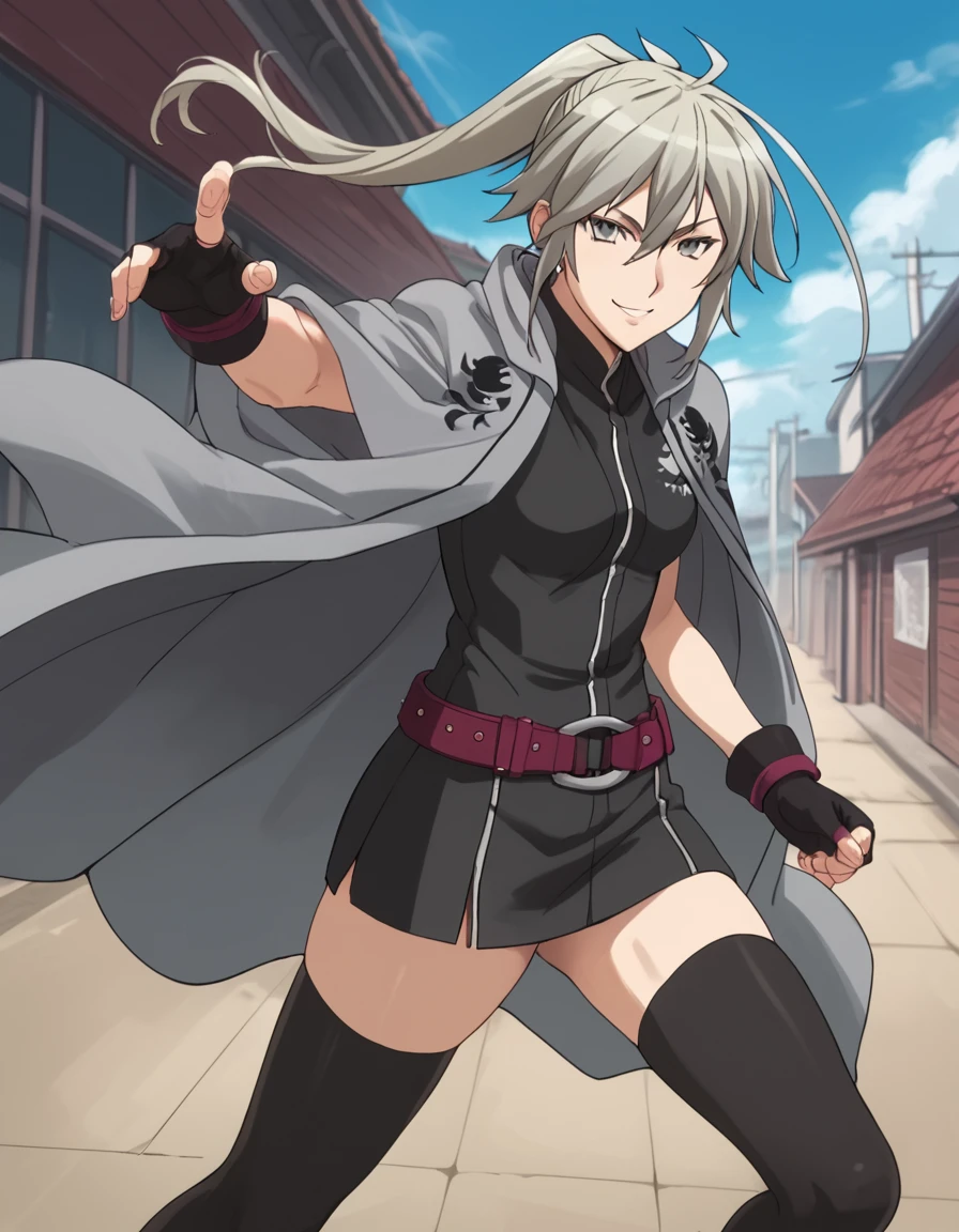 Karasuba, long hair, grey eyes, grey hair, ahoge, ponytail, miniskirt, belt, black thighhighs, fingerless gloves, cape, zettai ryouiki, score_9, score_8_up, score_7_up, score_6_up, score_5_up, score_4_up, source_anime  ,<lora:SekireiSet2:1>, soft smile, dynamic pose,