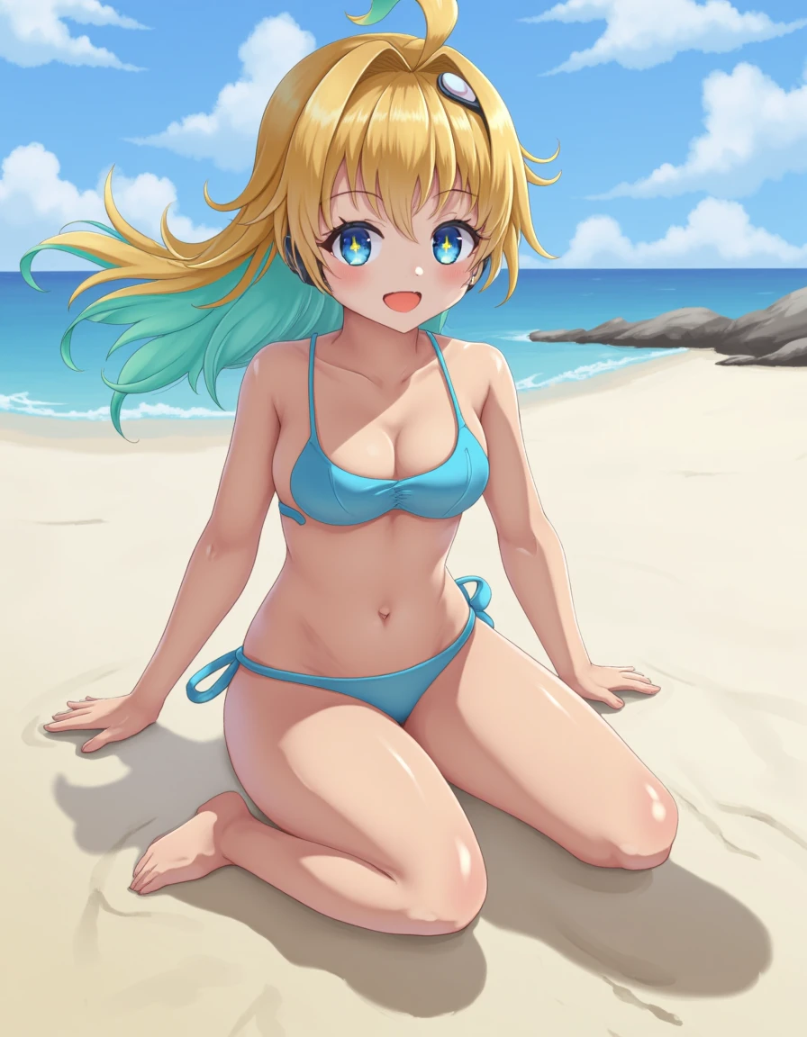 Wearing a competitive swimsuit、Beach、one piece、High leg、yellow、Twin tails
