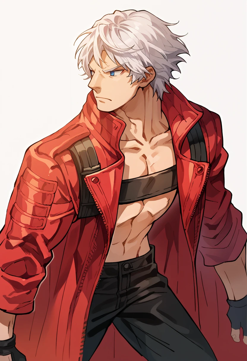 score_9, score_7_up, BREAK, solo, 1boy, <lora:MVC2_GLoRA-pdxl_Fp:1>, simple background, <lora:dmc3_dante_ponyXL:0.9>, dmc3dante, red coat, bandeau, fingerless gloves, black pants, white hair, blue eyes, looking to the side, short hair,