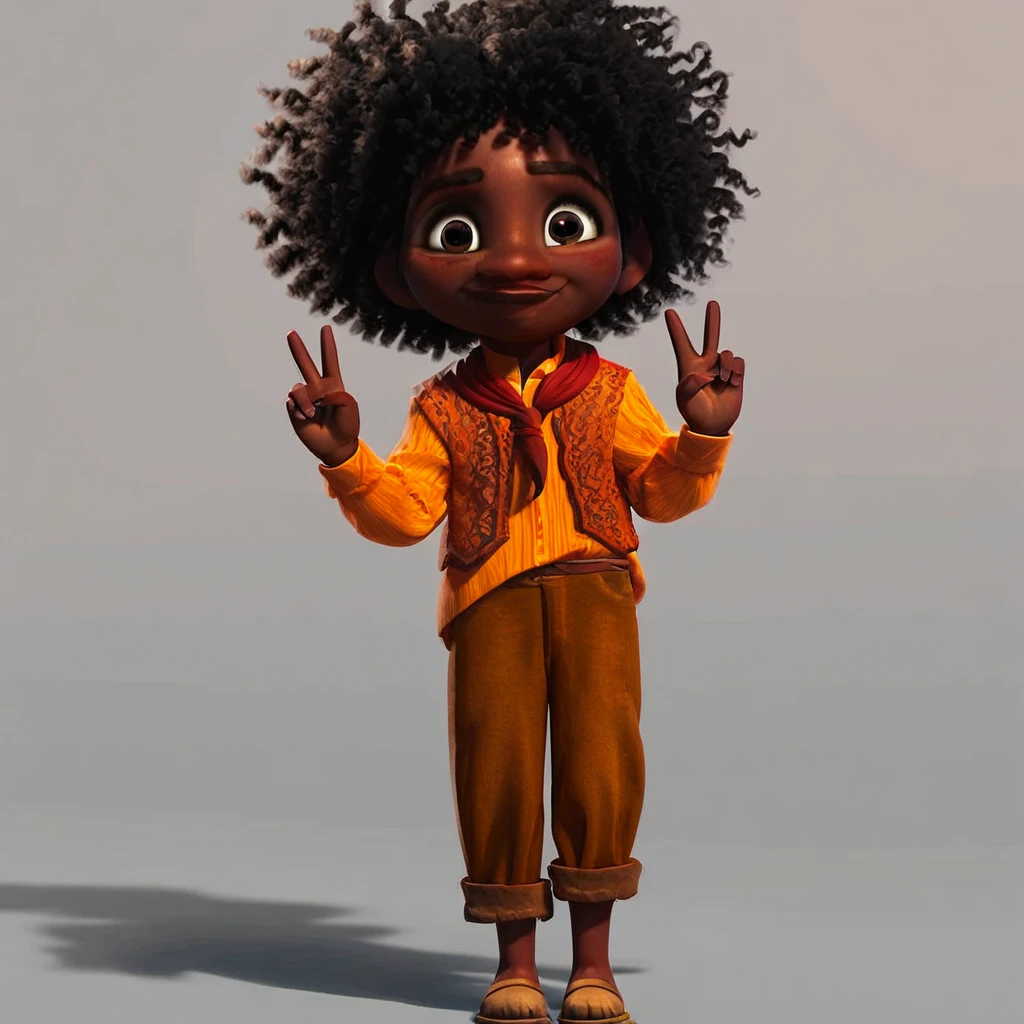 score_9, solo, antronio_madrigal, black hair, afro, dark skin, brown eyes, pants, shirt, looking at viewer, cute, v,