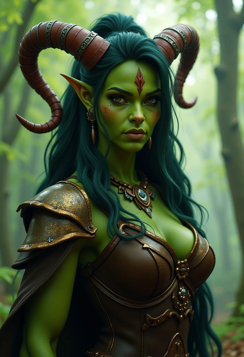 A realistic image of a green-skinned orc woman in a fantasy world.