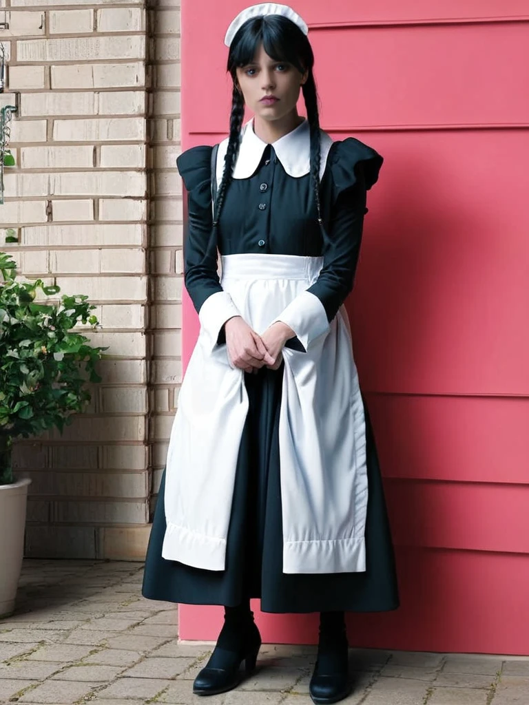 score_9, score_8_up, score_7_up, puritan wednesday, wednesday addams, a woman in a black and white dress and a hat, 1girl, solo, long hair, looking at viewer, bangs, black hair, long sleeves, standing, full body, outdoors, black eyes, black dress, twin braids, white apron, maid apron, realistic, skirt hold, volumetric lighting  <lora:wednesday_pony_v1-0_mx:1>