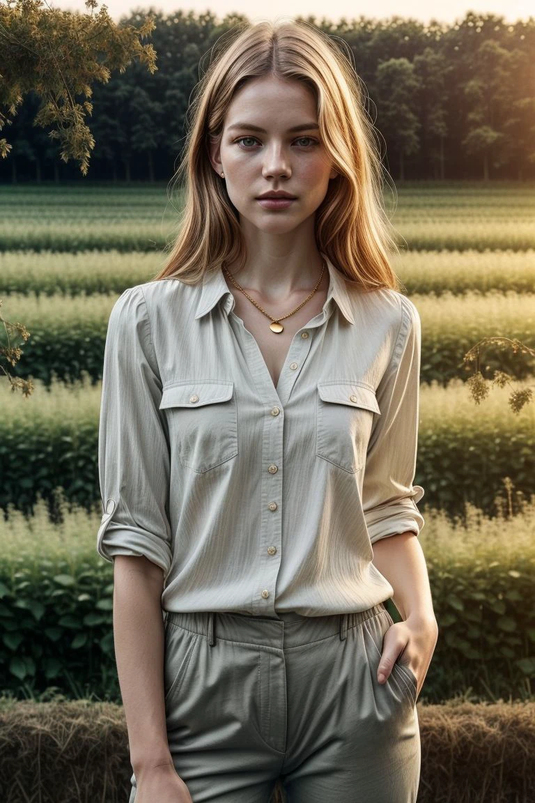 European woman, closeup, (shirt), pants, (bridge in the woods), gold necklace , [ZM_sylvie : ZM_veerle] , wide shoulders, perfect face, (contact iris: 1.1), pale skin, skin pores , depth of field