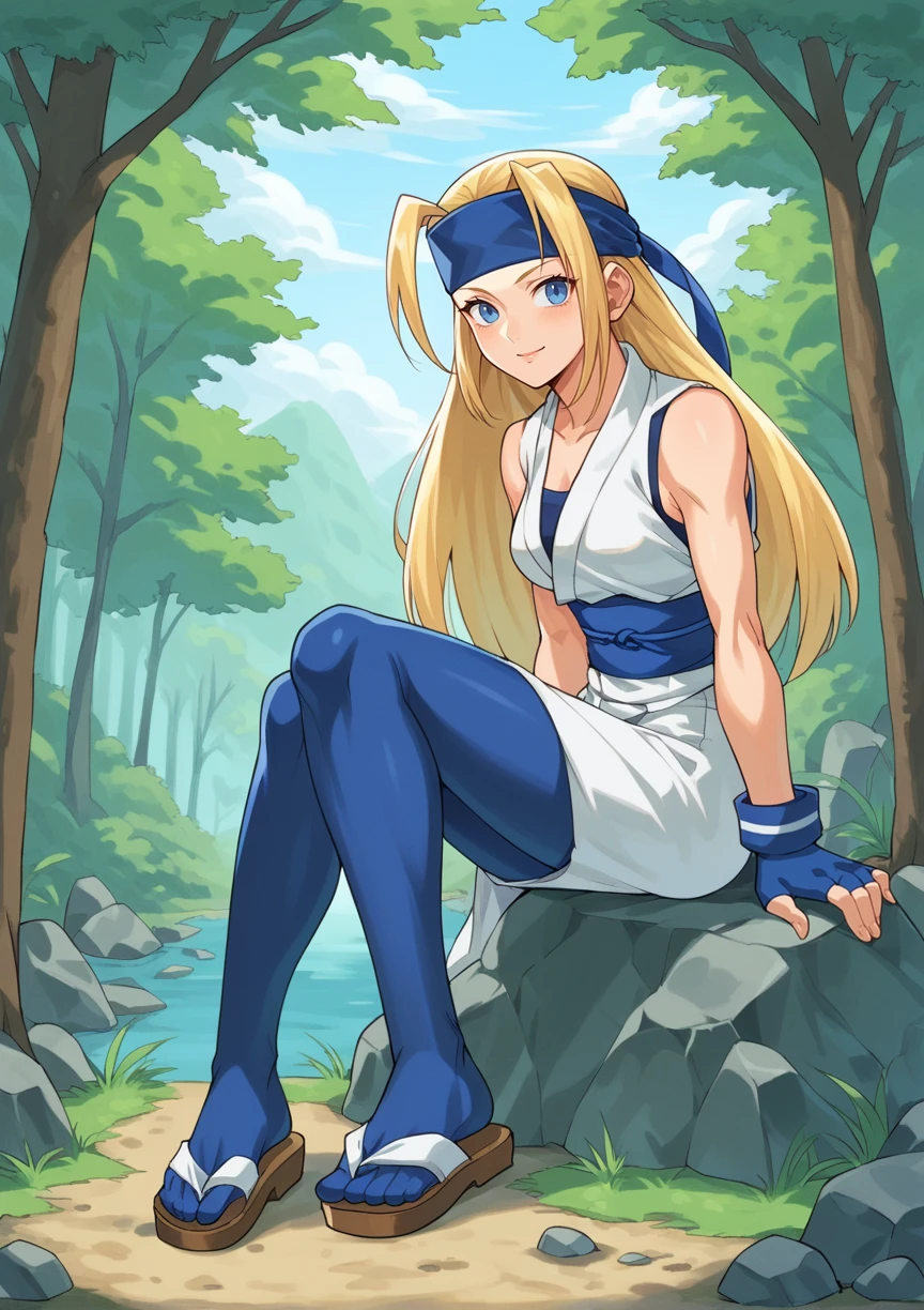 1girl, long hair, antenna hair, blonde hair, blue eyes, headband, japanese clothes, sleeveless, obi, fingerless gloves, side slit, blue pantyhose, sitting, rock, outdoors, forest, looking at viewer, light smile, from side, sandals <lora:Yuki_Last_Blade:1>, score_9, score_8_up, score_7_up, score_6_up, score_5_up, score_4_up, BREAK source_anime, masterpiece