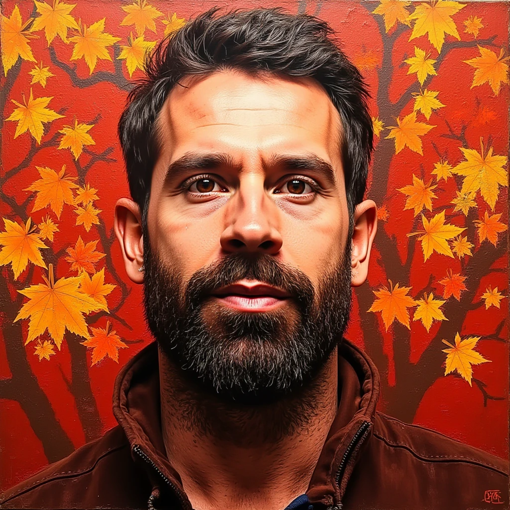 man, beard, Expressionistic abstract painting utilizing a rough palette knife technique depicting the face of a man in the fall. The autumn theme is respresented through primary use of the colors red, orange and brown as well as autumn trees and leaves, br4dl3y