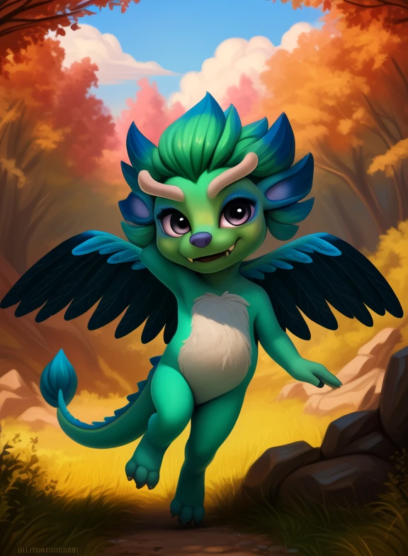 <lora:HeavenBeastSeaElvDom:1> HeavenBeastSeaElv, dragon, wings, red eyes, white belly, fangs, purple nose, green skin, chibi, small body,(tail, tassel tail), blue eye makeup,
Looks at the viewer, [  solo, (nature), forest, day, clouds, waterfall,]((dancing ))
(beautiful, aesthetic, perfect, delicate, intricate, saturated colors), masterpiece, digital drawing, best quality,
by ulitochka, by taran fiddler, by Silverfox5213, by personalami,