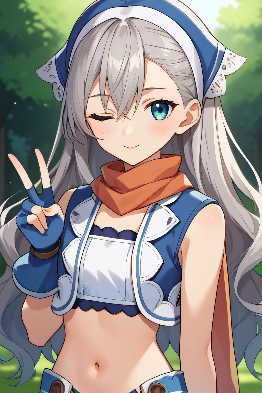 score_9, score_8_up, score_7_up, source_anime, rating_safe, intricate details, anime screencap, official style, 1girl, <lora:Karina:1>, karina, long hair, grey hair, wavy hair, hair between eyes, scarf, white tube top, blue jacket, sleeveless, cropped jacket, fingerless gloves, blue kerchief, navel, looking at viewer, outdoor, smile, upper body, one eye closed, peace sign, hand up