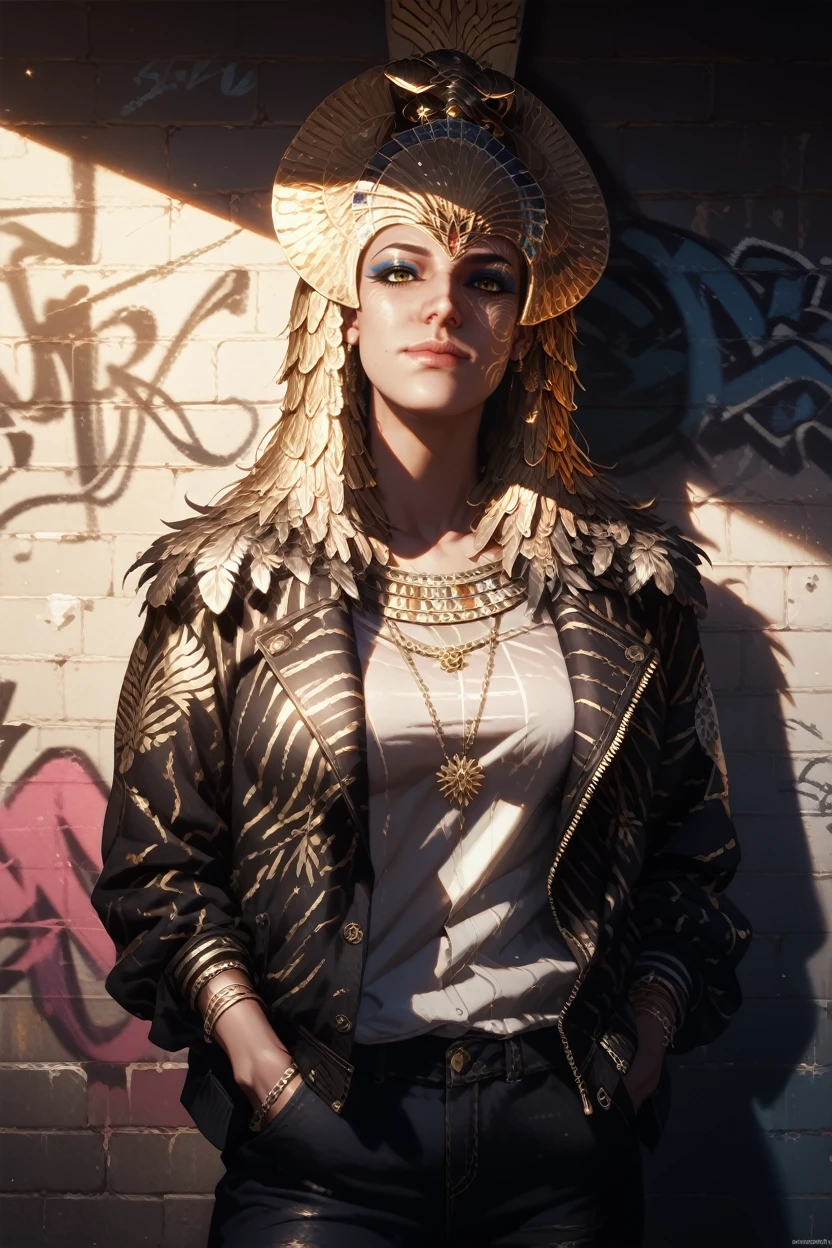 score_9, score_8_up, score_7_up, score_6_up
<lora:ACOIsidora:1>
ACOIsidora, 1girl, jewelry, golden feathers, looking at viewer, leaning against a brick wall, hands in jacket pockets, urban alleyway with graffiti art, moody lighting with shadows, edgy and modern vibe