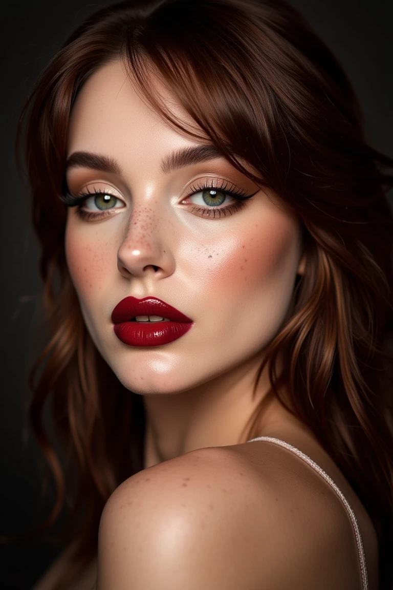 1girl, freckles, solo, red lips, looking at viewer, green eyes, realistic, brown hair, portrait, makeup