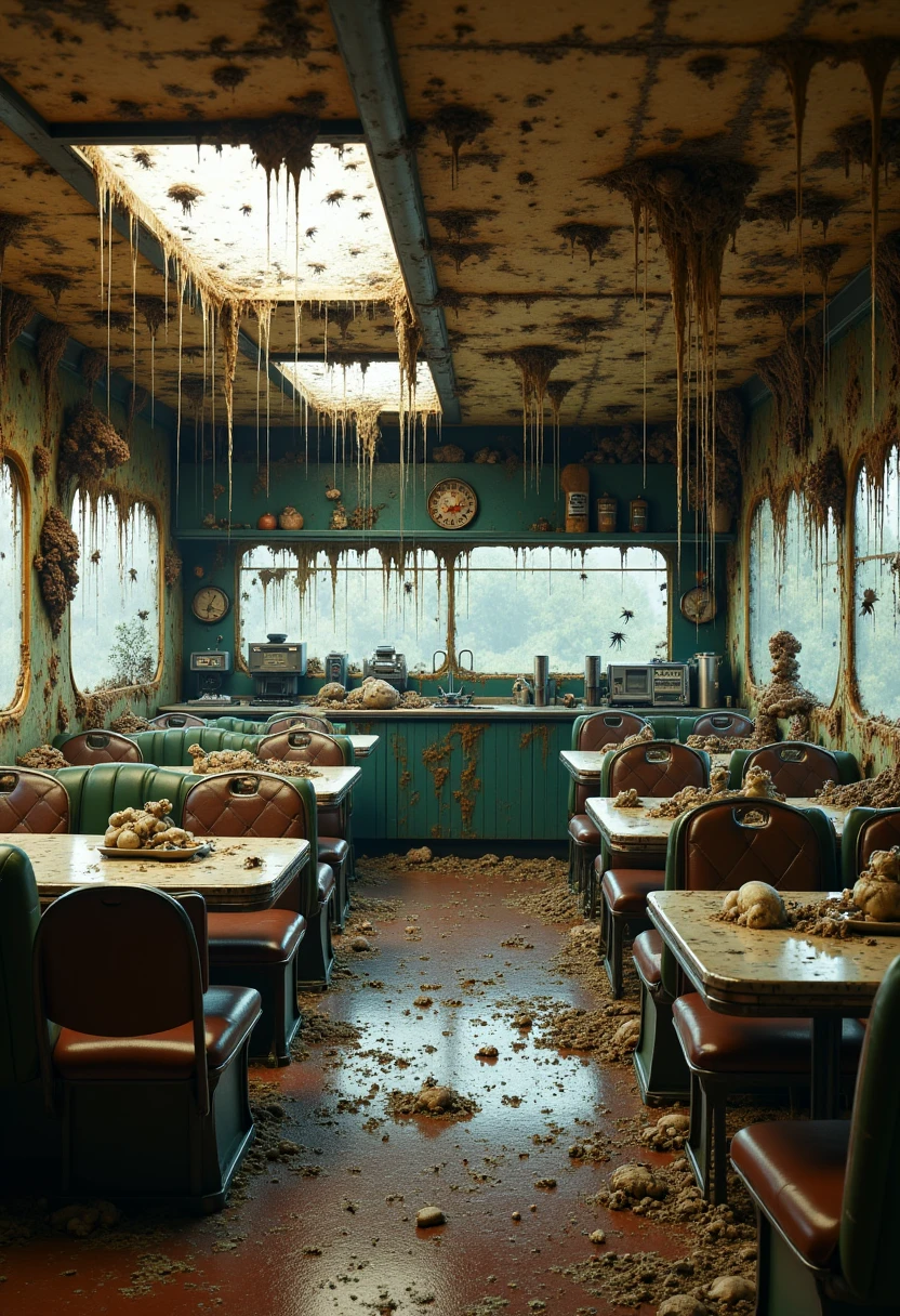 Imagine a photorealistic depiction of a diner touched by Nurgle