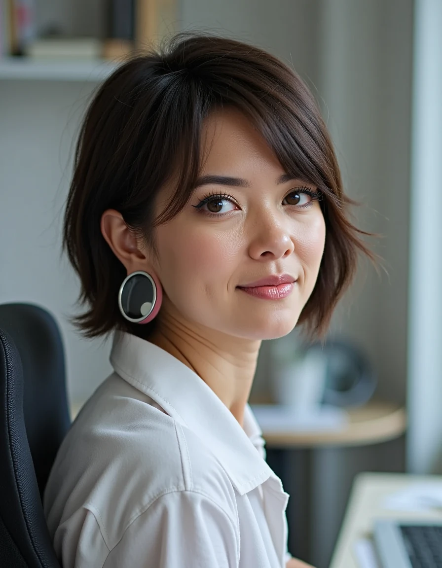 portrait photo of a  young woman's head looking forward with a  Ear Plug ,  short hair,  she is working as an accountant in the office sitting at a desk<lora:BigStretchedEarPlug:1>