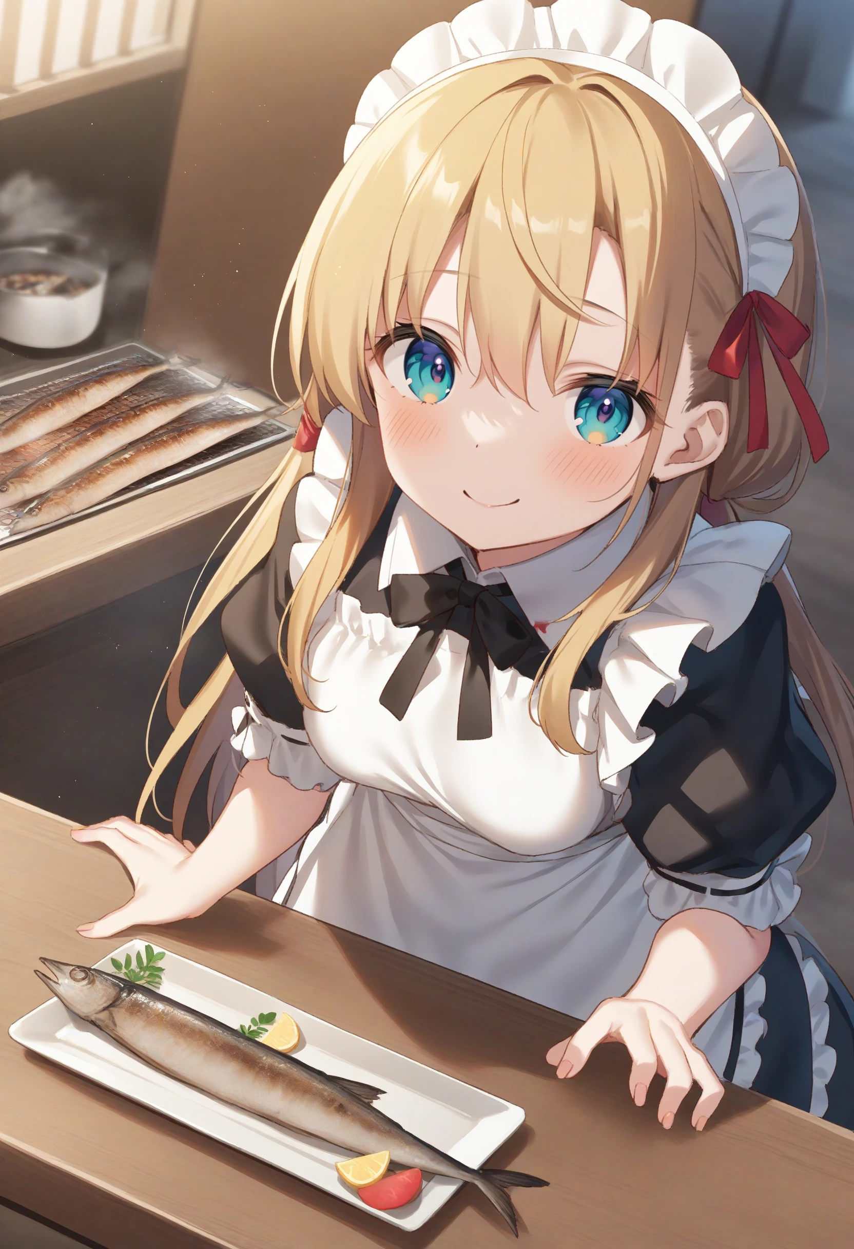 1girl,sincos, ningen mame, toosaka asagi,solo,medium breasts,20yo,maid,maid headdress,
saury, fish, apron, food, tray,holding tray,indoors, <lora:saury_XL_v1:0.8>
from above, panorama shot, looking ahead, blonde hair, aqua eyes,smile, closed mouth, low twintails hair,,
best quality, very aesthetic, absurdres