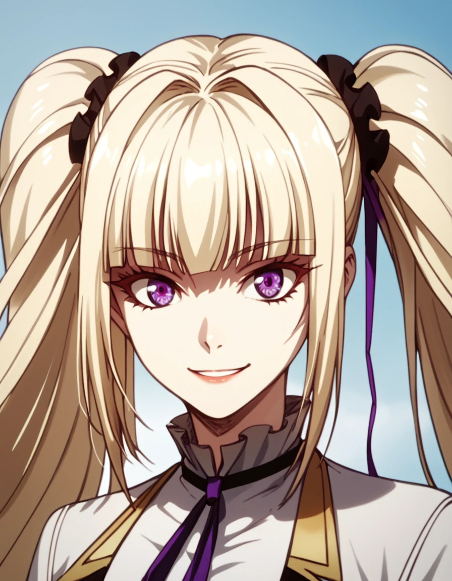 Jessica, blonde hair, very long hair, twintails, purple eyes, score_9, score_8_up, score_7_up, score_6_up, score_5_up, score_4_up, source_anime  <lora:GreatestDemonLordRebornasNobody:1>, portrait, soft smile,