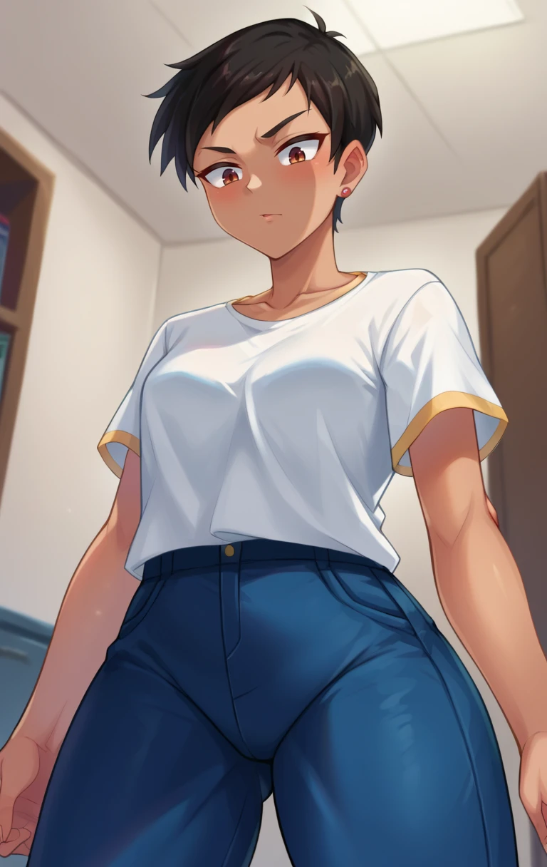 score_9,score_8_up,score_7_up BREAK <lora:lois:1>,LoisSDXL,1girl,short hair,black hair,brown eyes,jewelry,earrings,pants,dark skin,dark-skinned female,blue pants,white shirt,tomboy,room,room background,cowboy shot,from below,