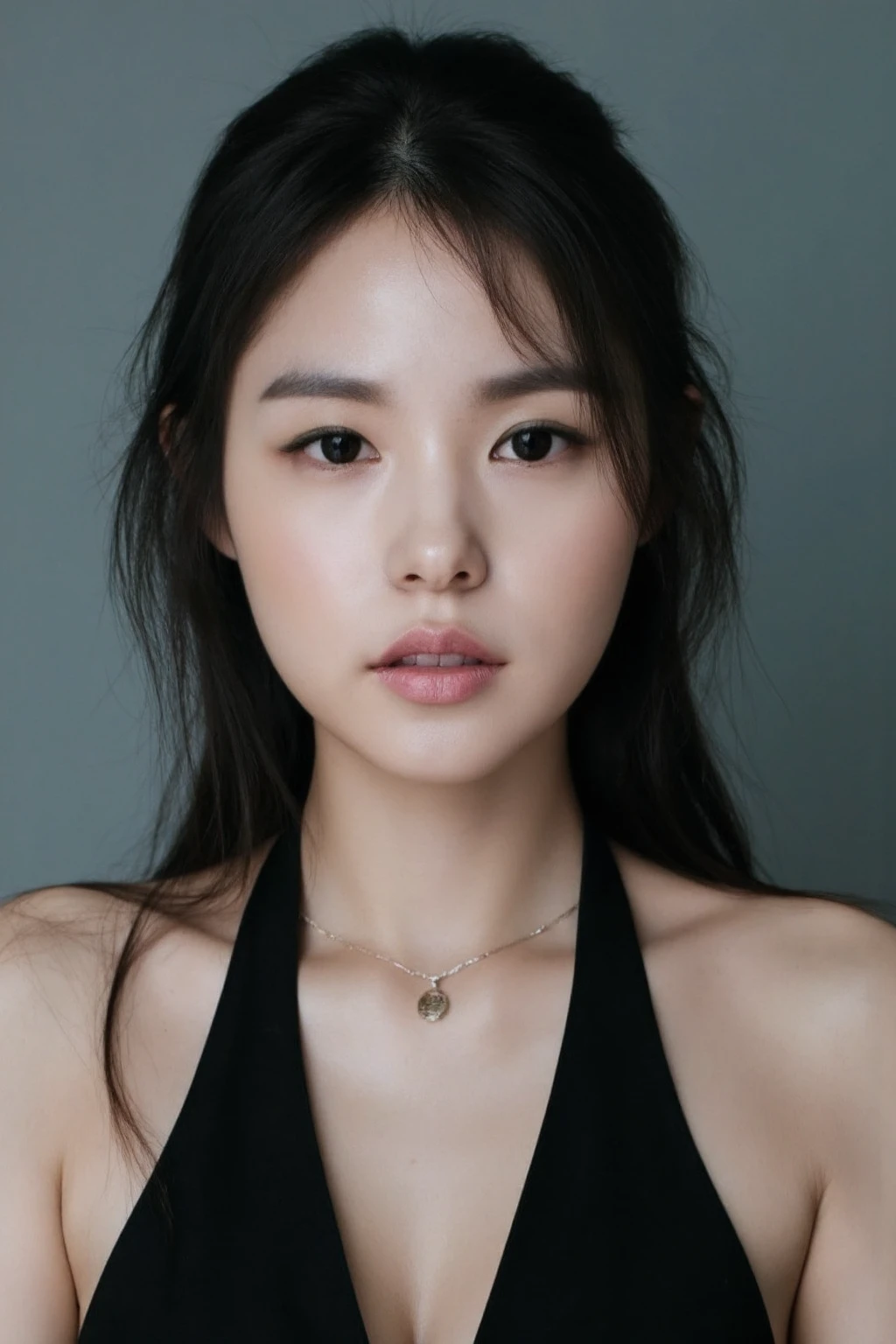 medium full shot of beautiful japanese girl , wearing black halter dress, gray background, studio lighting, necklace, dslr, soft lighting, high quality, film grain, light reflections, blood vessels, pale skin, skin pores,blood vessels in sclera, detailed skin, beauty spots, skin fuzz,<lora:flux_realism_lora:1>, . <lora:makinaflux_minhyorin_v1.1:1>