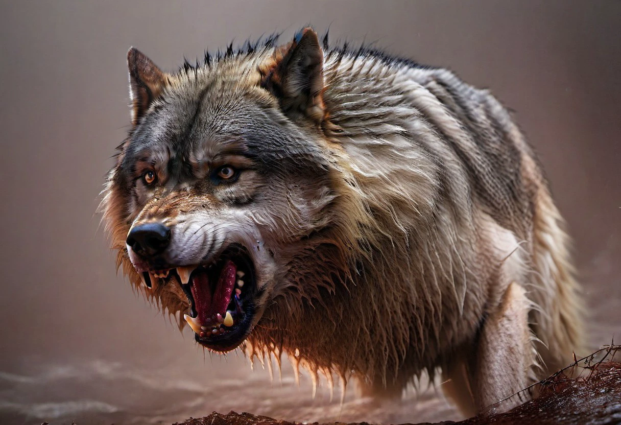 ultra-realistic rendering in phoro-realistic style with high quality, excellent resolution, clear, detailed and well-focused images, detailed and correct anatomy, depicting 2 huge ((wolf)) in a fierce battle for supremacy in the pack, ,blood in the mouth,aggressive behavior, rage, dynamic pose, disco style, forest, golden hour lighting, head wounds, torn skin, teeth marks on bodies