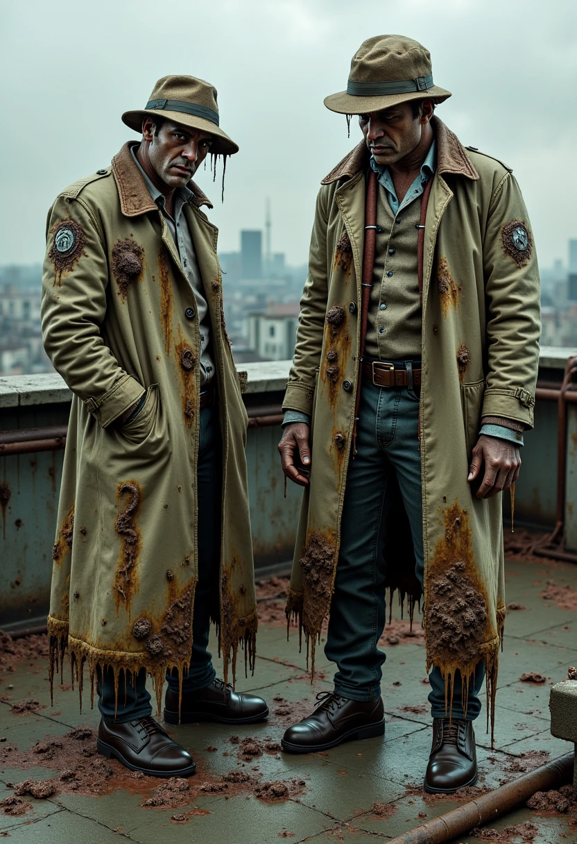 Imagine a photorealistic depiction of two detectives on a rooftop touched by Nurgle. Their trench coats are tattered, covered in slimy patches, and the city below rots with decay, spreading like a plague. One detective’s skin appears discolored and oozing, while the other’s gaze reflects madness.