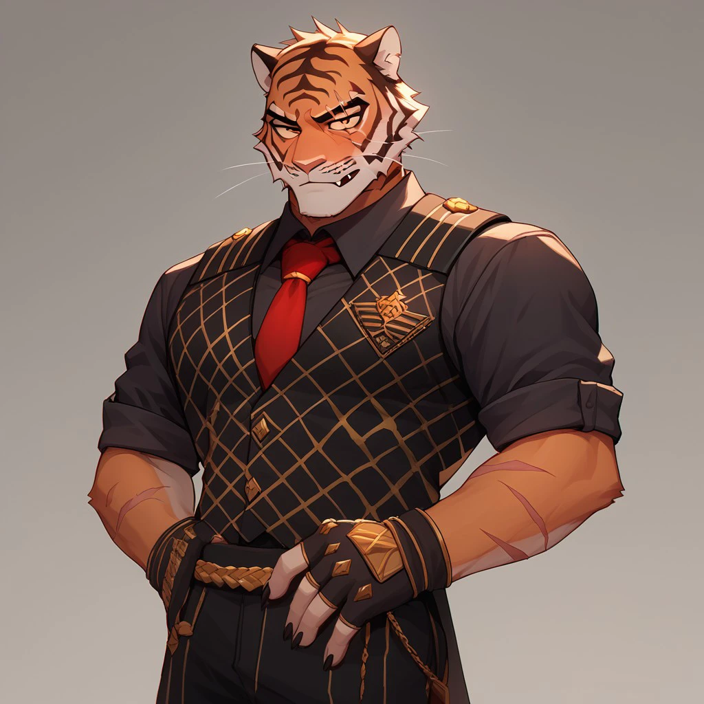 score_9, score_8_up, score_7_up,  <lora:Oscar:1.0> oscar, tiger boy, standing, black vest, red tie, fingerless gloves, gloves, collard shirt, bara, scar, solo, 1boy  <lora:Expressive_H-000001:.70>, expressiveh