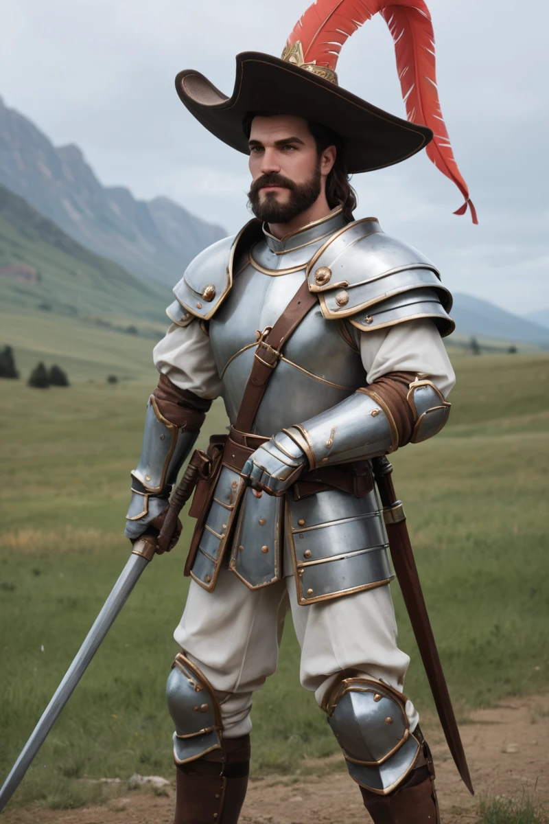 source_realistic, photorealistic photo, realistic, simple white background, empg3n3r4l, male focus, full armor, large hat, brown_headwear, big beard, mustache, old, breastplate, pauldrons, tassets, gauntlets, boots, green and red slashed uniform, puffy sleeves, duel wielding, holding mace, holding antique firearm, action stance, <lora:empg3n3r4lPonyV2-000018:0.8>, PonyXL_Scores, PonyXL_HQ, <lora:StS_detail_slider_v1:1>